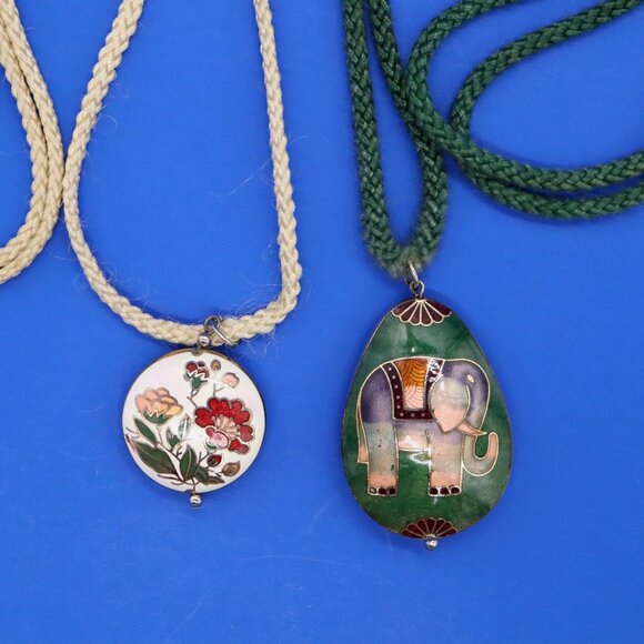 Jewelry - Set of 2 Cloisonne' Necklaces Elephant & Floral Pendant on Cord Vtg Estate Find